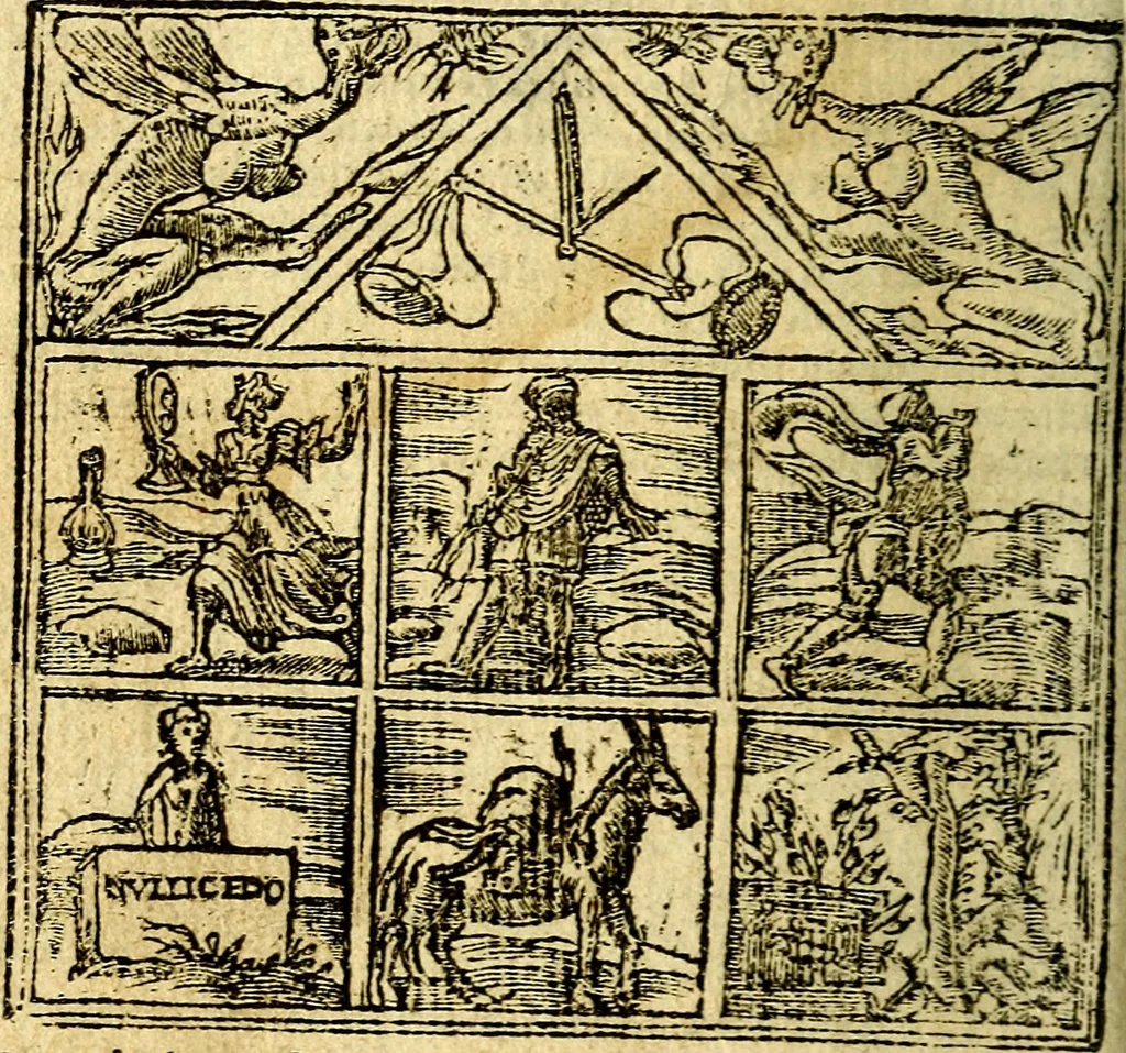 An illustration from Omnia D. And. Alciati Emblemata : ad qvae singula praeter concinnas acutásque inscriptiones, lepidas & expressas imagines, ac caetera omnia, quae prioribus nostris editionibus cùm ad eorum distinctionem, tum ad ornatum & correctionem adhibita continebantur, : nunc primùm perelegantia persubtiliaq́ [ue], 1564, leaf 219