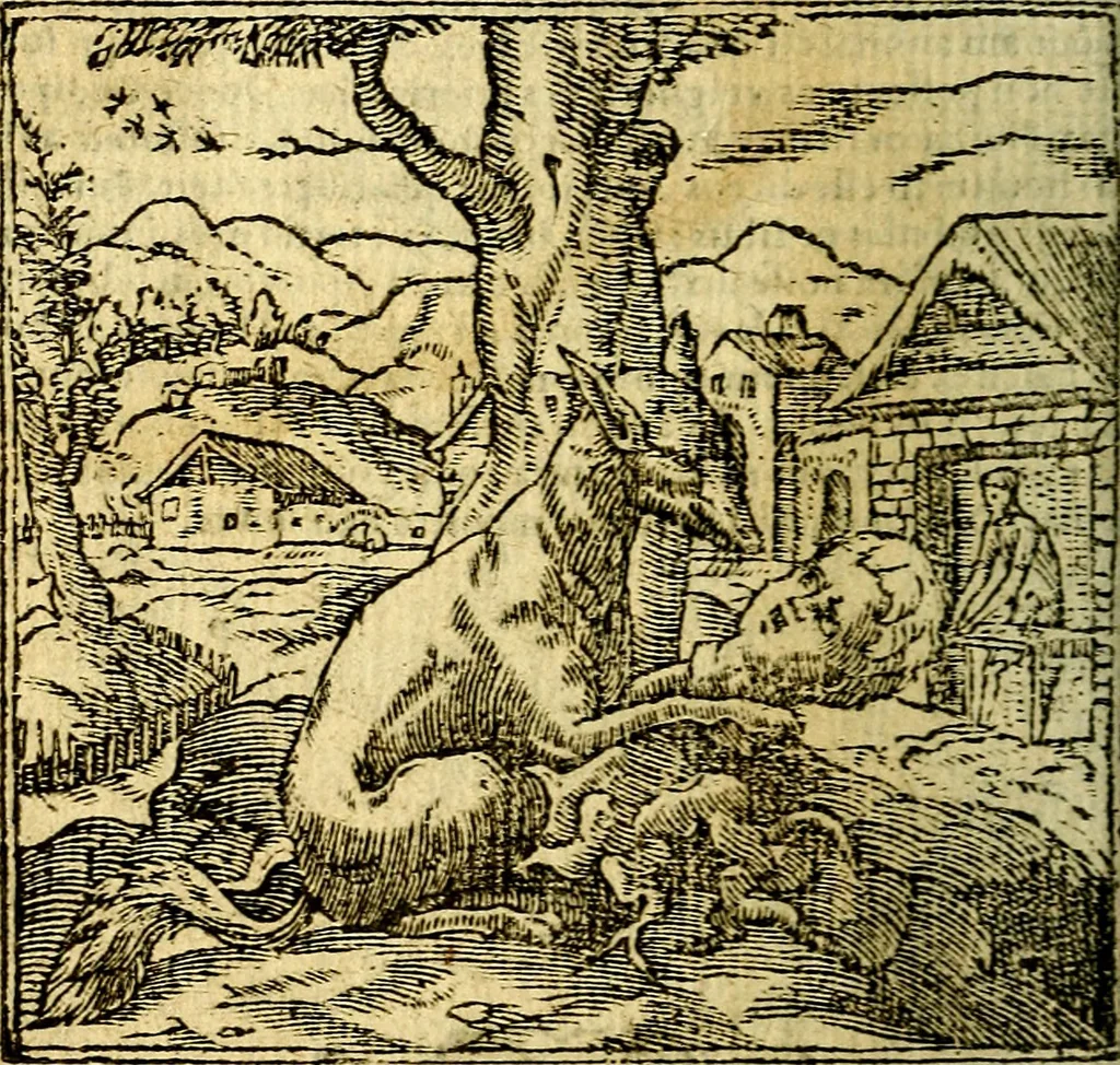An illustration from Omnia D. And. Alciati Emblemata : ad qvae singula praeter concinnas acutásque inscriptiones, lepidas & expressas imagines, ac caetera omnia, quae prioribus nostris editionibus cùm ad eorum distinctionem, tum ad ornatum & correctionem adhibita continebantur, : nunc primùm perelegantia persubtiliaq́ [ue], 1564, leaf 223