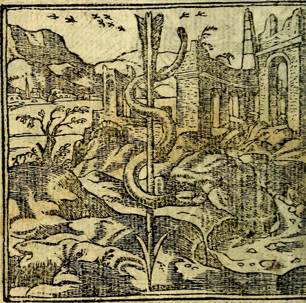 An illustration from Omnia D. And. Alciati Emblemata : ad qvae singula praeter concinnas acutásque inscriptiones, lepidas & expressas imagines, ac caetera omnia, quae prioribus nostris editionibus cùm ad eorum distinctionem, tum ad ornatum & correctionem adhibita continebantur, : nunc primùm perelegantia persubtiliaq́ [ue], 1564, leaf 27