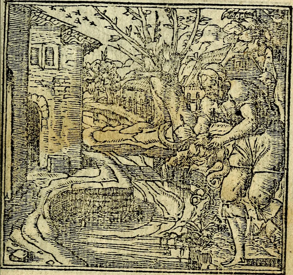An illustration from Omnia D. And. Alciati Emblemata : ad qvae singula praeter concinnas acutásque inscriptiones, lepidas & expressas imagines, ac caetera omnia, quae prioribus nostris editionibus cùm ad eorum distinctionem, tum ad ornatum & correctionem adhibita continebantur, : nunc primùm perelegantia persubtiliaq́ [ue], 1564, leaf 28