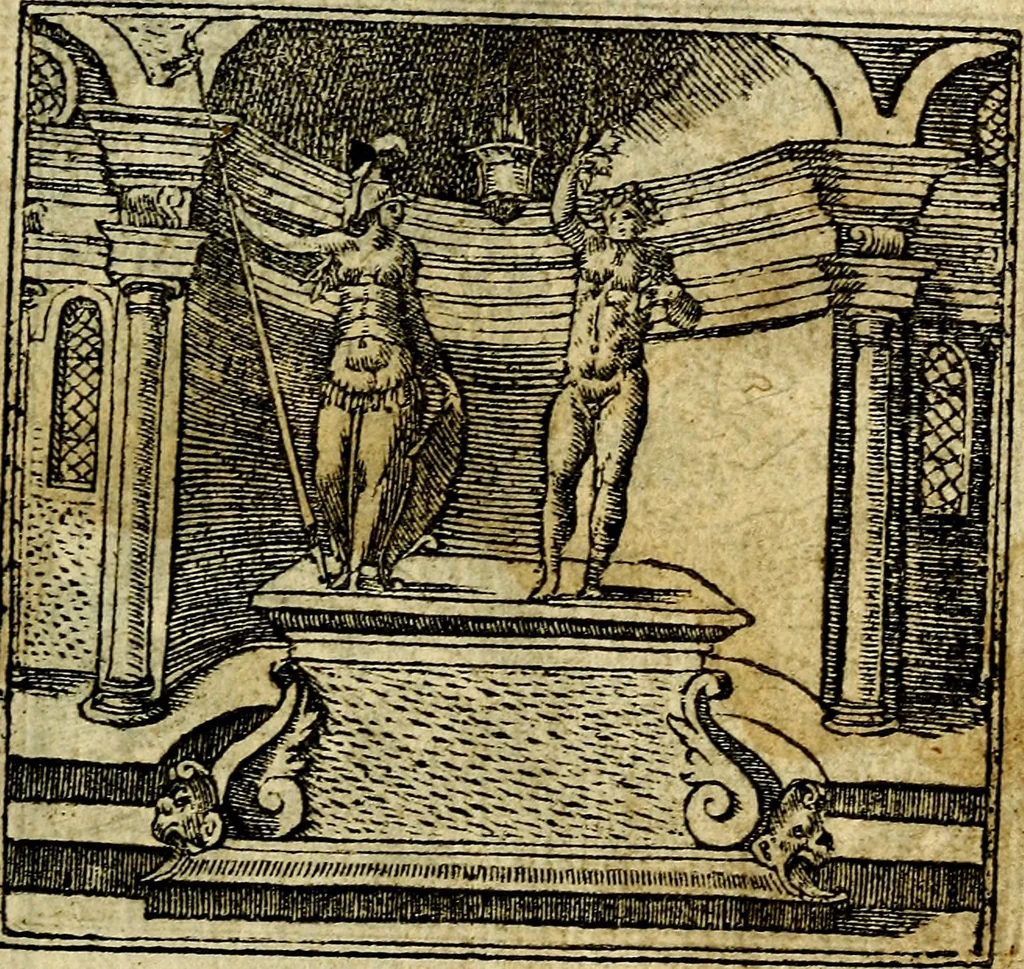 An illustration from Omnia D. And. Alciati Emblemata : ad qvae singula praeter concinnas acutásque inscriptiones, lepidas & expressas imagines, ac caetera omnia, quae prioribus nostris editionibus cùm ad eorum distinctionem, tum ad ornatum & correctionem adhibita continebantur, : nunc primùm perelegantia persubtiliaq́ [ue], 1564, leaf 30