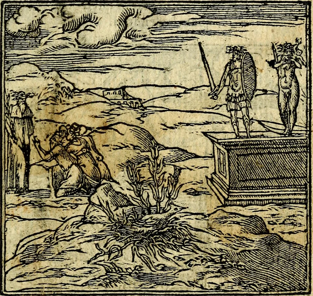 An illustration from Omnia D. And. Alciati Emblemata : ad qvae singula praeter concinnas acutásque inscriptiones, lepidas & expressas imagines, ac caetera omnia, quae prioribus nostris editionibus cùm ad eorum distinctionem, tum ad ornatum & correctionem adhibita continebantur, : nunc primùm perelegantia persubtiliaq́ [ue], 1564, leaf 34