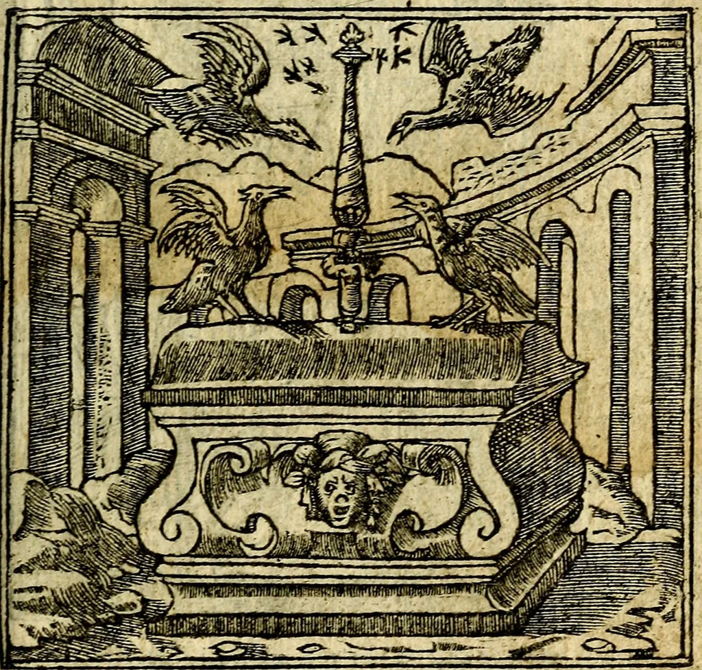 An illustration from Omnia D. And. Alciati Emblemata : ad qvae singula praeter concinnas acutásque inscriptiones, lepidas & expressas imagines, ac caetera omnia, quae prioribus nostris editionibus cùm ad eorum distinctionem, tum ad ornatum & correctionem adhibita continebantur, : nunc primùm perelegantia persubtiliaq́ [ue], 1564, leaf 46