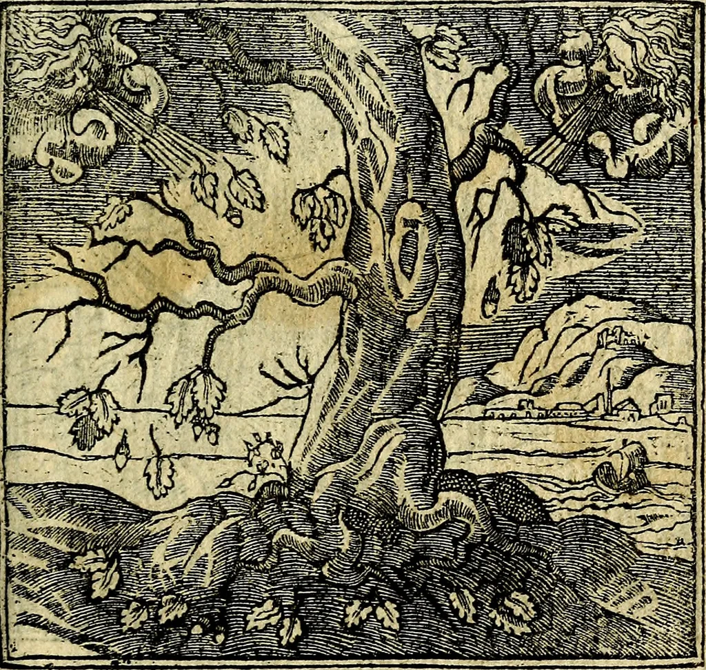 An illustration from Omnia D. And. Alciati Emblemata : ad qvae singula praeter concinnas acutásque inscriptiones, lepidas & expressas imagines, ac caetera omnia, quae prioribus nostris editionibus cùm ad eorum distinctionem, tum ad ornatum & correctionem adhibita continebantur, : nunc primùm perelegantia persubtiliaq́ [ue], 1564, leaf 50