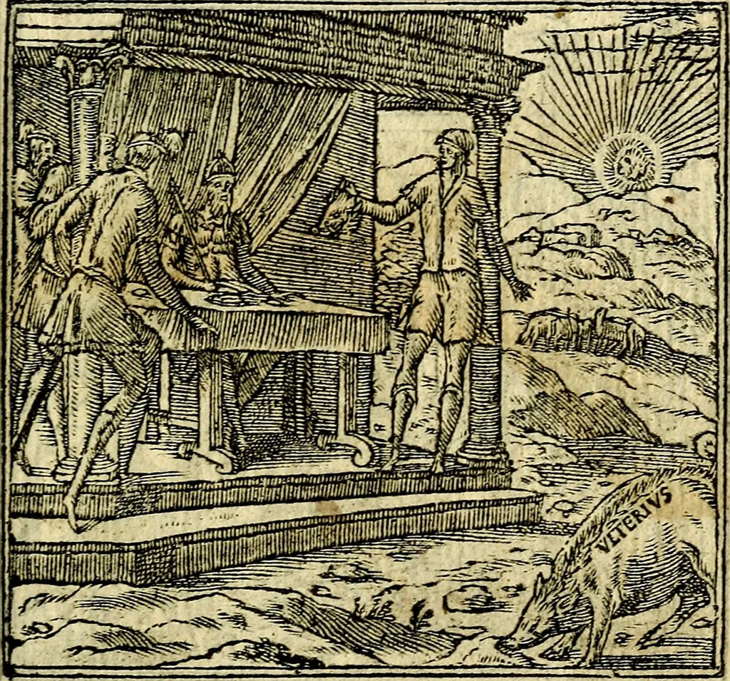An illustration from Omnia D. And. Alciati Emblemata : ad qvae singula praeter concinnas acutásque inscriptiones, lepidas & expressas imagines, ac caetera omnia, quae prioribus nostris editionibus cùm ad eorum distinctionem, tum ad ornatum & correctionem adhibita continebantur, : nunc primùm perelegantia persubtiliaq́ [ue], 1564, leaf 54