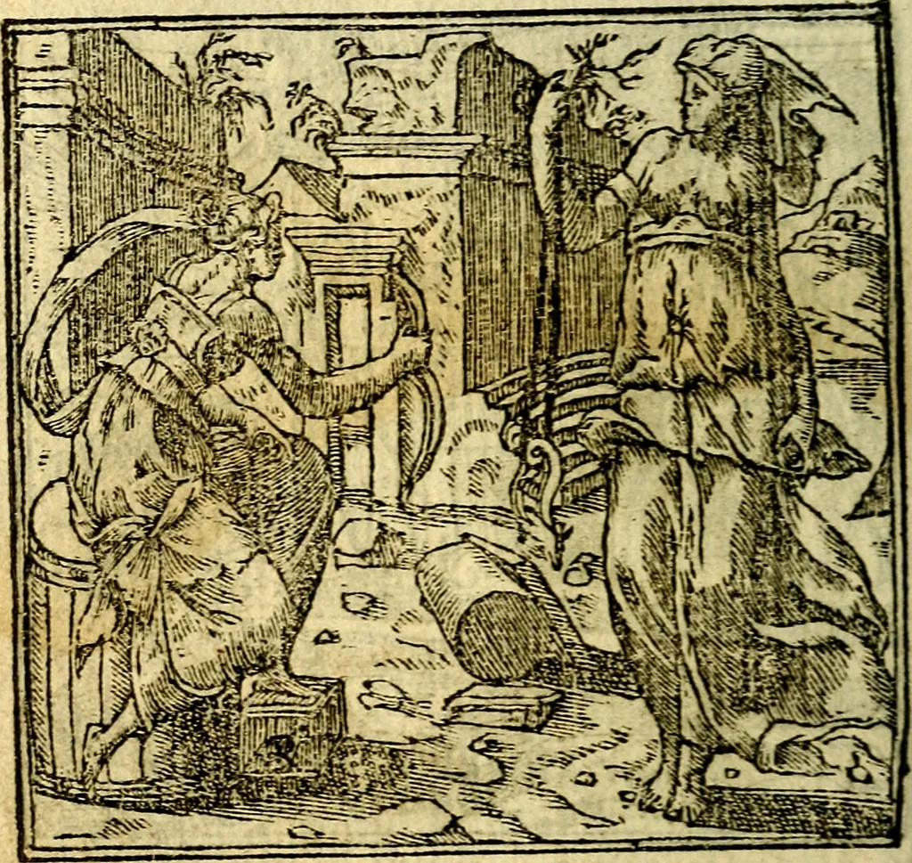 An illustration from Omnia D. And. Alciati Emblemata : ad qvae singula praeter concinnas acutásque inscriptiones, lepidas & expressas imagines, ac caetera omnia, quae prioribus nostris editionibus cùm ad eorum distinctionem, tum ad ornatum & correctionem adhibita continebantur, : nunc primùm perelegantia persubtiliaq́ [ue], 1564, leaf 55