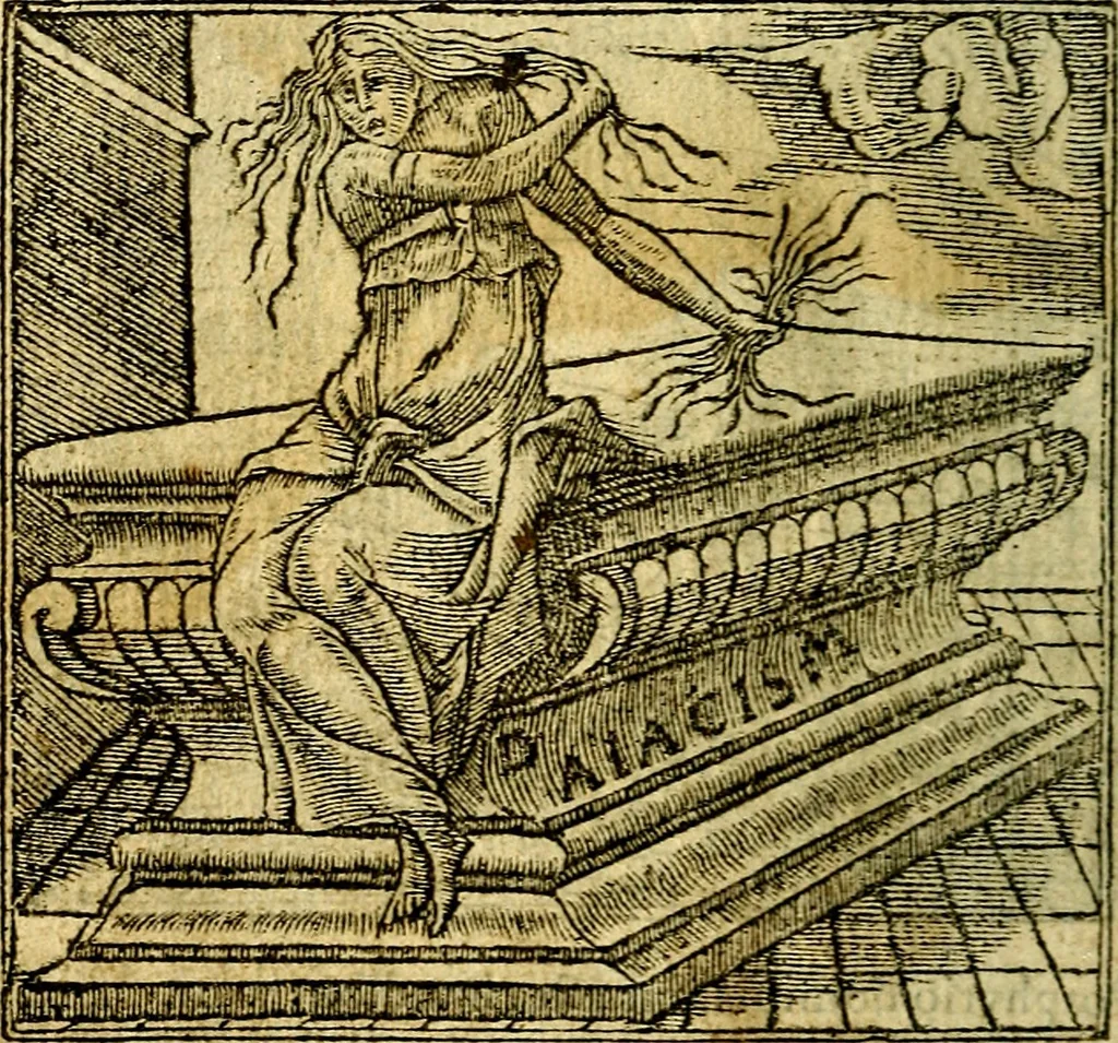 An illustration from Omnia D. And. Alciati Emblemata : ad qvae singula praeter concinnas acutásque inscriptiones, lepidas & expressas imagines, ac caetera omnia, quae prioribus nostris editionibus cùm ad eorum distinctionem, tum ad ornatum & correctionem adhibita continebantur, : nunc primùm perelegantia persubtiliaq́ [ue], 1564, leaf 57