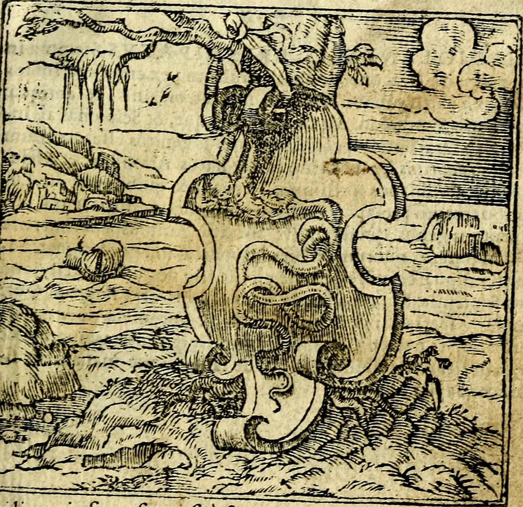 An illustration from Omnia D. And. Alciati Emblemata : ad qvae singula praeter concinnas acutásque inscriptiones, lepidas & expressas imagines, ac caetera omnia, quae prioribus nostris editionibus cùm ad eorum distinctionem, tum ad ornatum & correctionem adhibita continebantur, : nunc primùm perelegantia persubtiliaq́ [ue], 1564, leaf 6