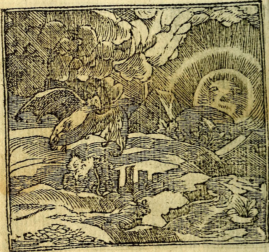 An illustration from Omnia D. And. Alciati Emblemata : ad qvae singula praeter concinnas acutásque inscriptiones, lepidas & expressas imagines, ac caetera omnia, quae prioribus nostris editionibus cùm ad eorum distinctionem, tum ad ornatum & correctionem adhibita continebantur, : nunc primùm perelegantia persubtiliaq́ [ue], 1564, leaf 71