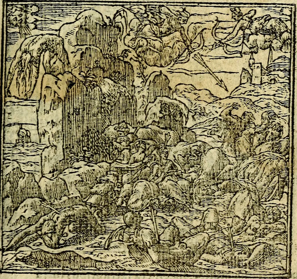 An illustration from Omnia D. And. Alciati Emblemata : ad qvae singula praeter concinnas acutásque inscriptiones, lepidas & expressas imagines, ac caetera omnia, quae prioribus nostris editionibus cùm ad eorum distinctionem, tum ad ornatum & correctionem adhibita continebantur, : nunc primùm perelegantia persubtiliaq́ [ue], 1564, leaf 76