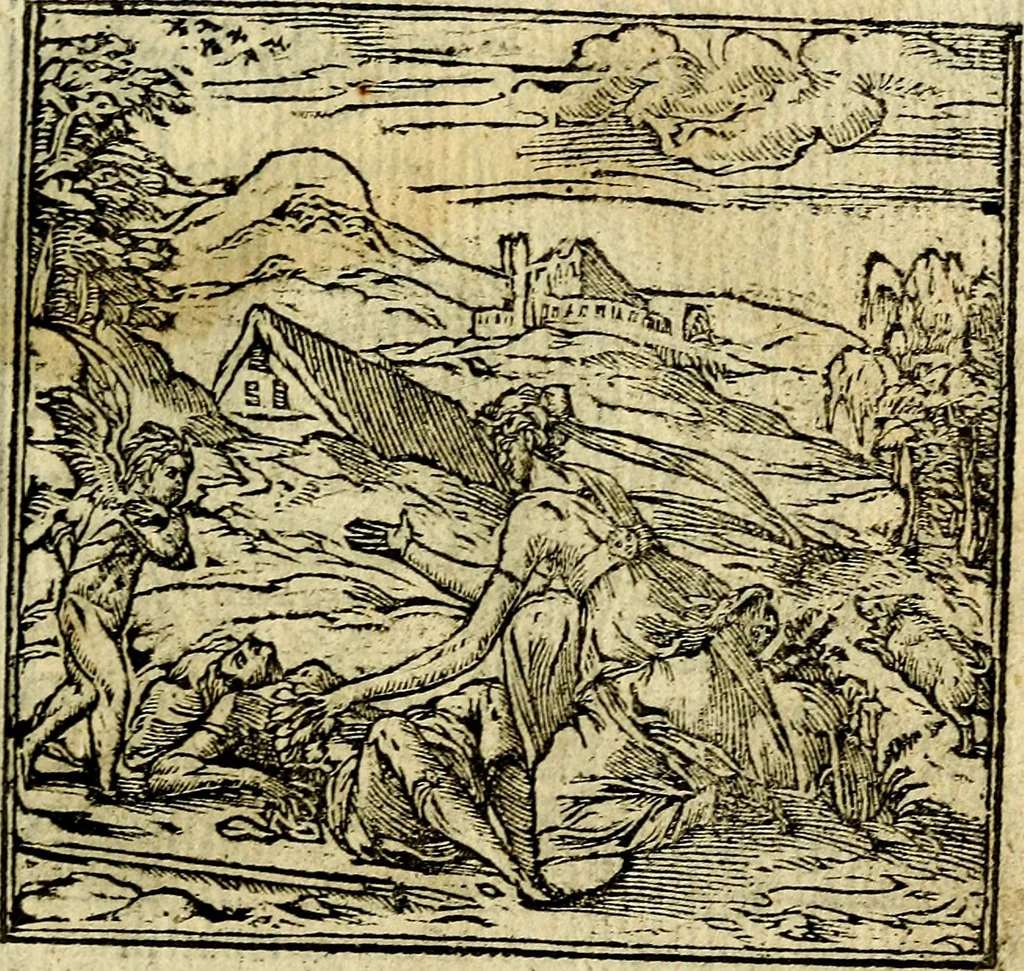 An illustration from Omnia D. And. Alciati Emblemata : ad qvae singula praeter concinnas acutásque inscriptiones, lepidas & expressas imagines, ac caetera omnia, quae prioribus nostris editionibus cùm ad eorum distinctionem, tum ad ornatum & correctionem adhibita continebantur, : nunc primùm perelegantia persubtiliaq́ [ue], 1564, leaf 84