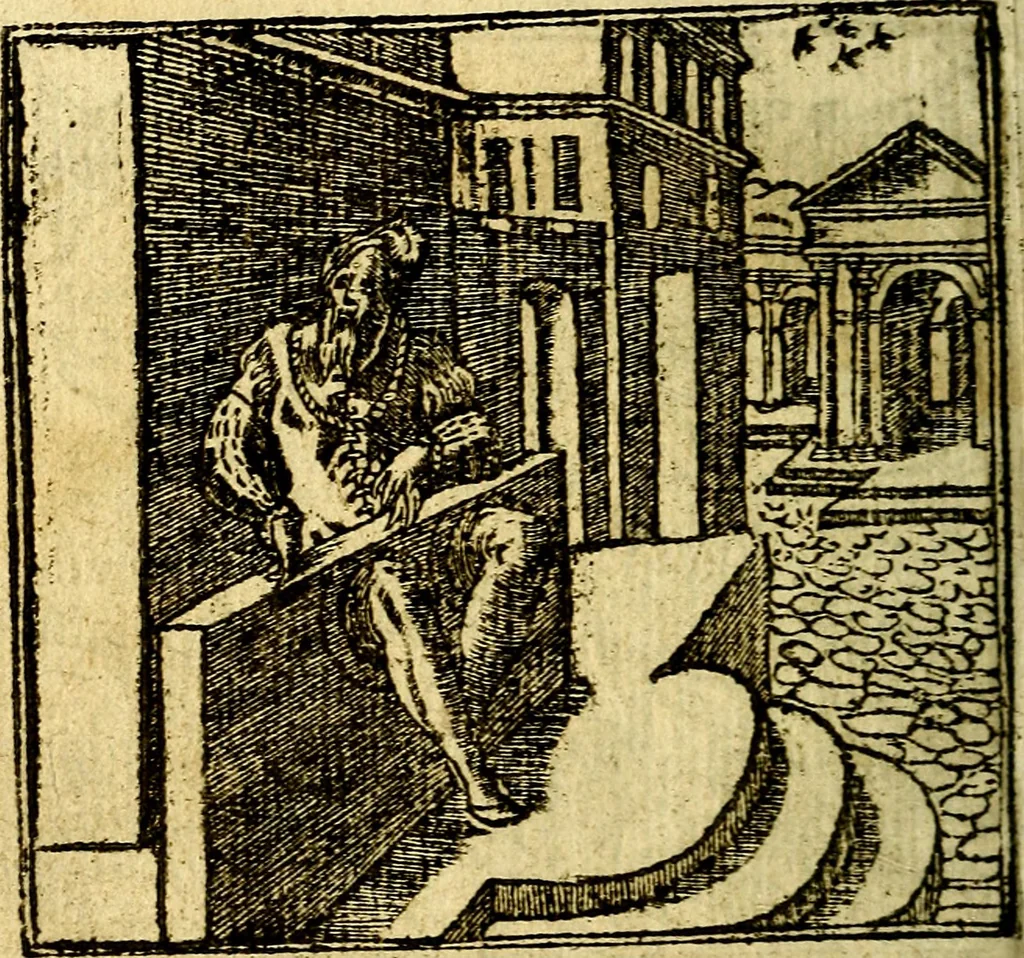 An illustration from Omnia D. And. Alciati Emblemata : ad qvae singula praeter concinnas acutásque inscriptiones, lepidas & expressas imagines, ac caetera omnia, quae prioribus nostris editionibus cùm ad eorum distinctionem, tum ad ornatum & correctionem adhibita continebantur, : nunc primùm perelegantia persubtiliaq́ [ue], 1564, leaf 95