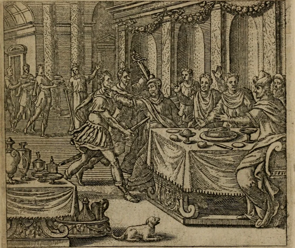 An illustration from Omnium virtutum christianarum exemplo Dauidis : pastoris, militis, ducis, exsulis ac prophetae longe praestantissimi nobis adumbratarum speculum purum ac pellucidum, omnibus & singulis piè ac Christianè vivere volentibus perutile ac necessarium : quod etiam figuris Aeneis perpulchris ac artificiosis adornatum, 1632, leaf 110