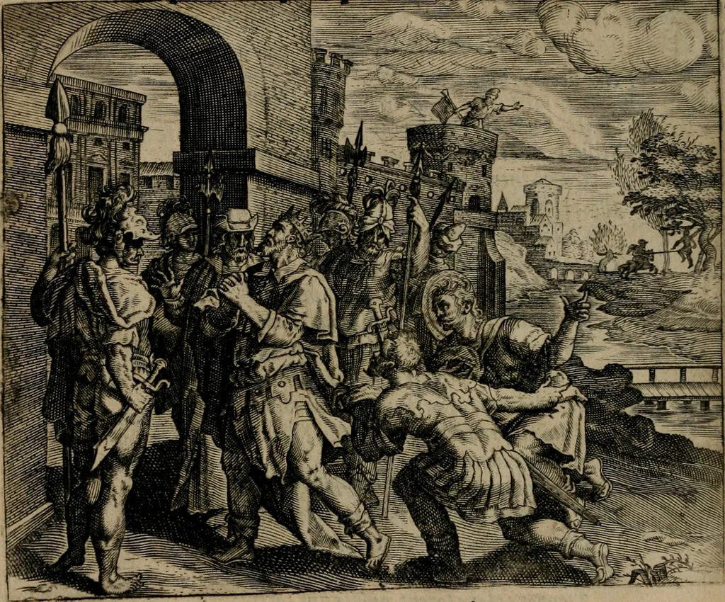 An illustration from Omnium virtutum christianarum exemplo Dauidis : pastoris, militis, ducis, exsulis ac prophetae longe praestantissimi nobis adumbratarum speculum purum ac pellucidum, omnibus & singulis piè ac Christianè vivere volentibus perutile ac necessarium : quod etiam figuris Aeneis perpulchris ac artificiosis adornatum, 1632, leaf 117