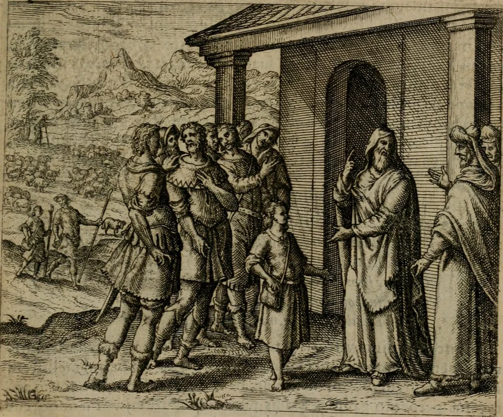 An illustration from Omnium virtutum christianarum exemplo Dauidis : pastoris, militis, ducis, exsulis ac prophetae longe praestantissimi nobis adumbratarum speculum purum ac pellucidum, omnibus & singulis piè ac Christianè vivere volentibus perutile ac necessarium : quod etiam figuris Aeneis perpulchris ac artificiosis adornatum, 1632, leaf 12