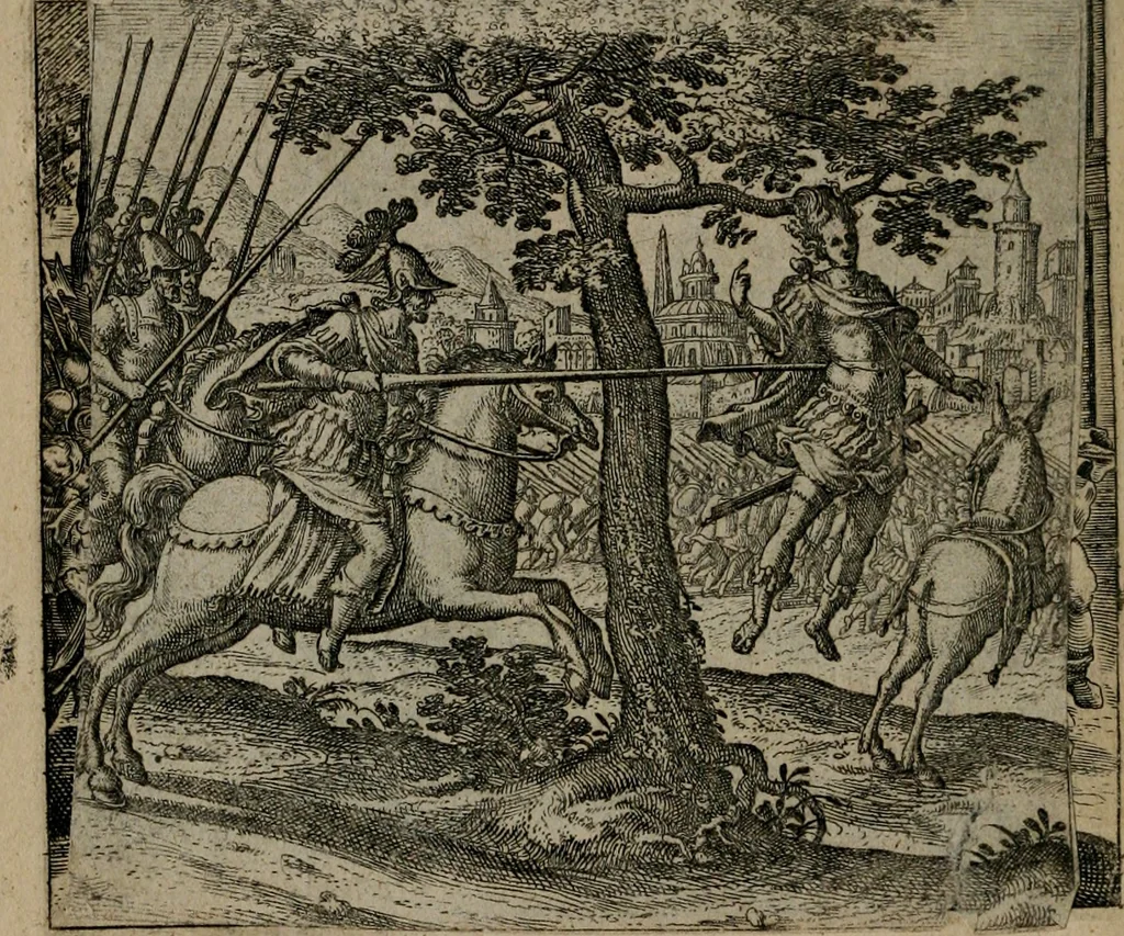 An illustration from Omnium virtutum christianarum exemplo Dauidis : pastoris, militis, ducis, exsulis ac prophetae longe praestantissimi nobis adumbratarum speculum purum ac pellucidum, omnibus & singulis piè ac Christianè vivere volentibus perutile ac necessarium : quod etiam figuris Aeneis perpulchris ac artificiosis adornatum, 1632, leaf 121