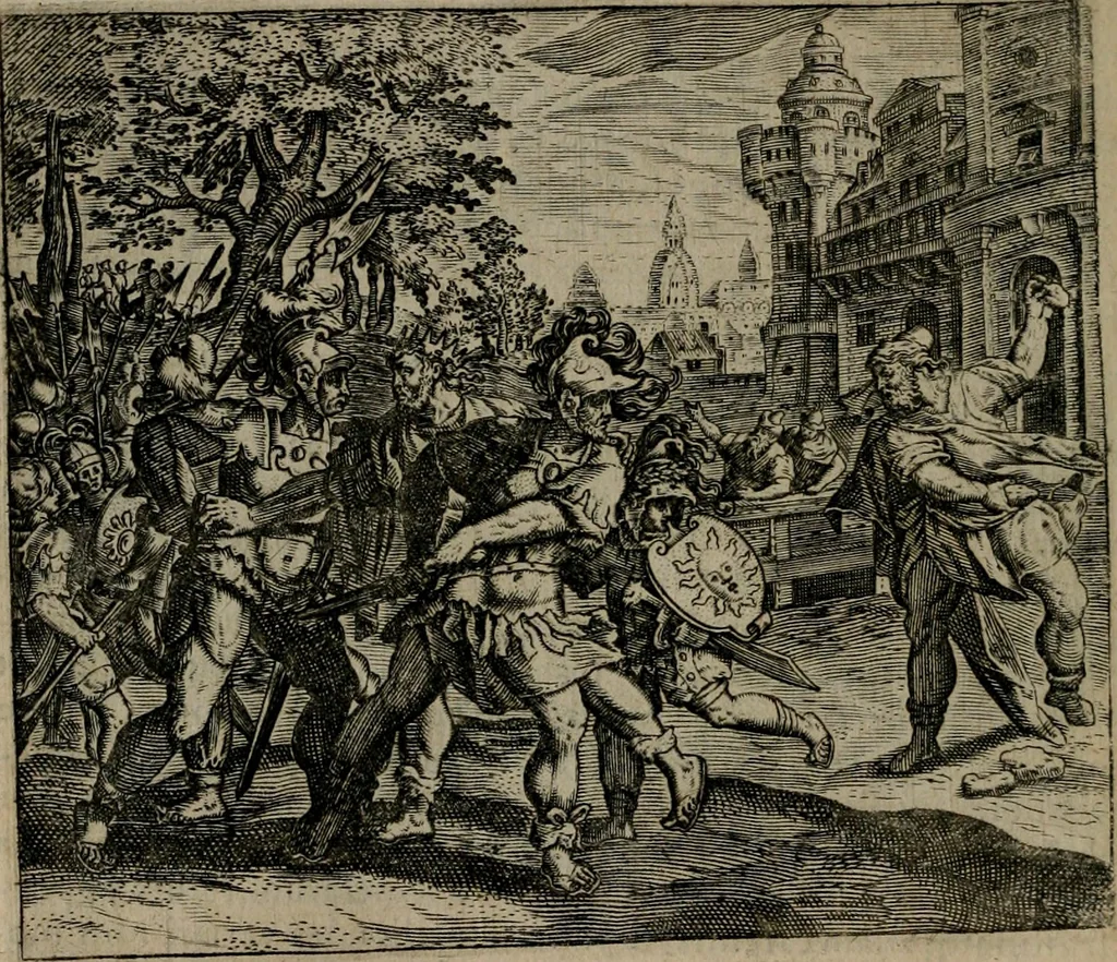 An illustration from Omnium virtutum christianarum exemplo Dauidis : pastoris, militis, ducis, exsulis ac prophetae longe praestantissimi nobis adumbratarum speculum purum ac pellucidum, omnibus & singulis piè ac Christianè vivere volentibus perutile ac necessarium : quod etiam figuris Aeneis perpulchris ac artificiosis adornatum, 1632, leaf 123
