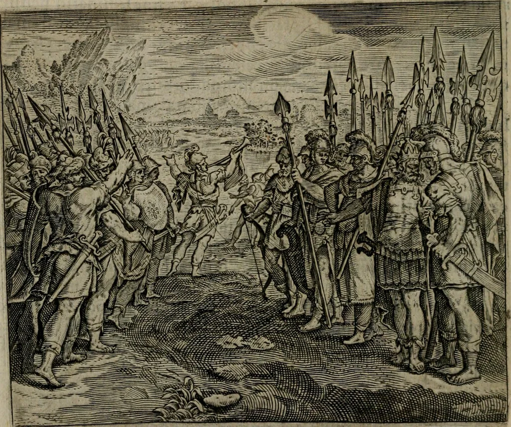 An illustration from Omnium virtutum christianarum exemplo Dauidis : pastoris, militis, ducis, exsulis ac prophetae longe praestantissimi nobis adumbratarum speculum purum ac pellucidum, omnibus & singulis piè ac Christianè vivere volentibus perutile ac necessarium : quod etiam figuris Aeneis perpulchris ac artificiosis adornatum, 1632, leaf 125