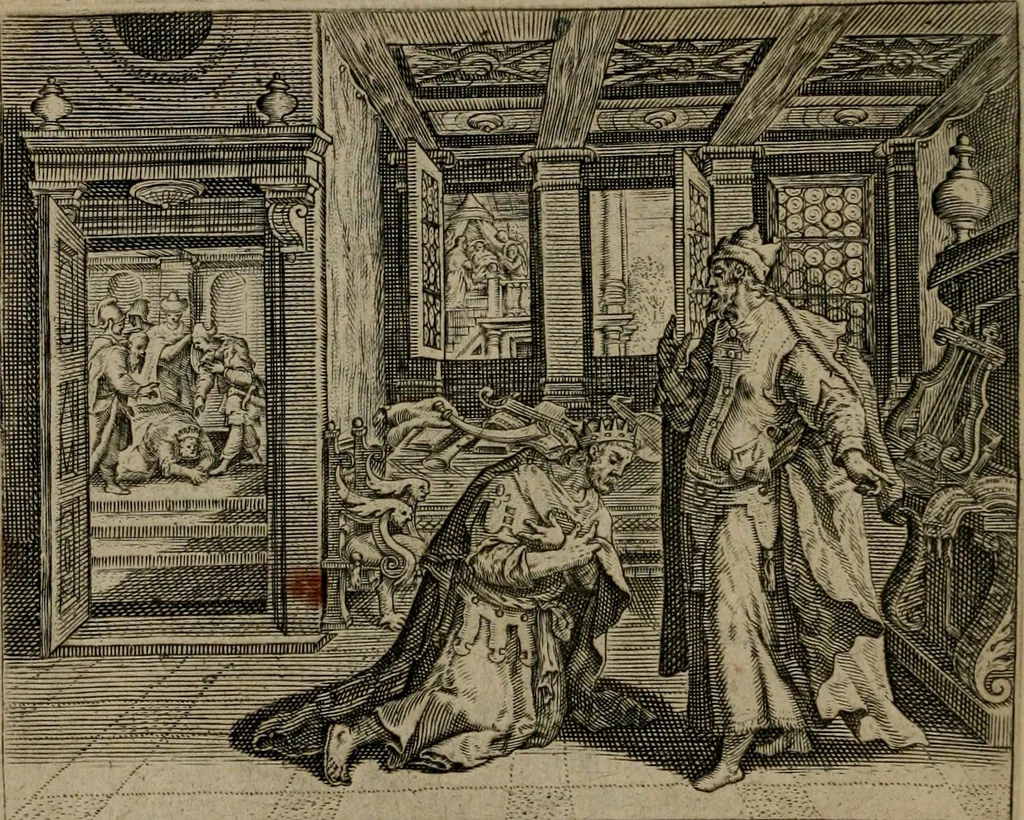An illustration from Omnium virtutum christianarum exemplo Dauidis : pastoris, militis, ducis, exsulis ac prophetae longe praestantissimi nobis adumbratarum speculum purum ac pellucidum, omnibus & singulis piè ac Christianè vivere volentibus perutile ac necessarium : quod etiam figuris Aeneis perpulchris ac artificiosis adornatum, 1632, leaf 139
