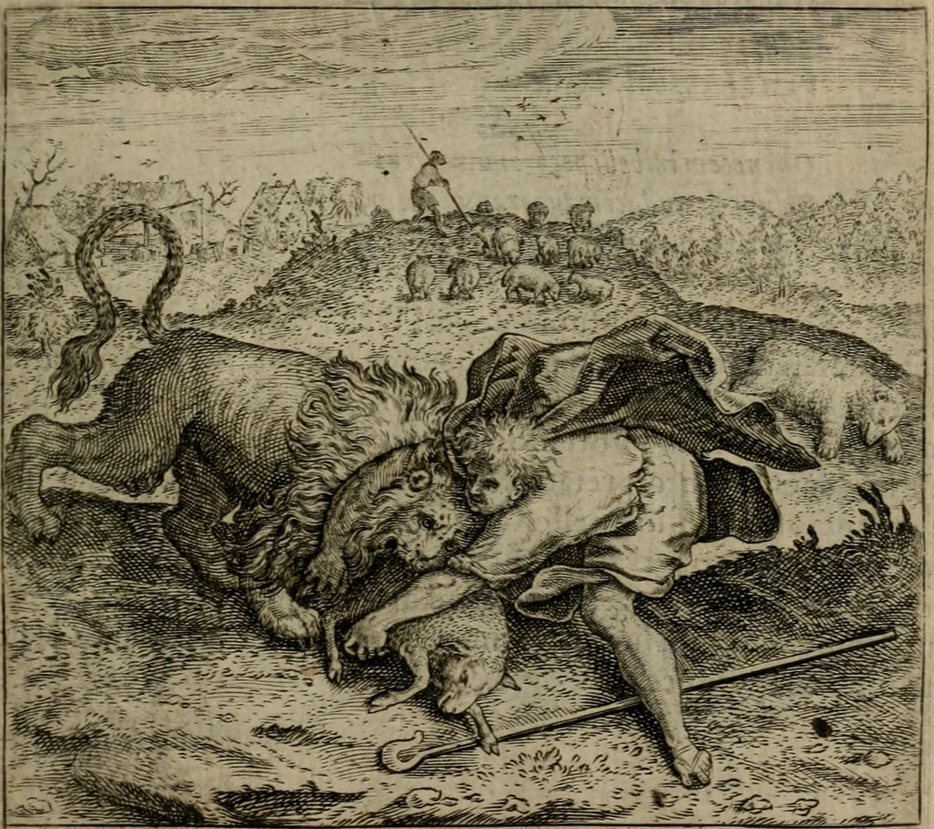 An illustration from Omnium virtutum christianarum exemplo Dauidis : pastoris, militis, ducis, exsulis ac prophetae longe praestantissimi nobis adumbratarum speculum purum ac pellucidum, omnibus & singulis piè ac Christianè vivere volentibus perutile ac necessarium : quod etiam figuris Aeneis perpulchris ac artificiosis adornatum, 1632, leaf 14