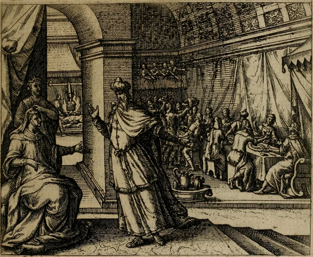 An illustration from Omnium virtutum christianarum exemplo Dauidis : pastoris, militis, ducis, exsulis ac prophetae longe praestantissimi nobis adumbratarum speculum purum ac pellucidum, omnibus & singulis piè ac Christianè vivere volentibus perutile ac necessarium : quod etiam figuris Aeneis perpulchris ac artificiosis adornatum, 1632, leaf 144