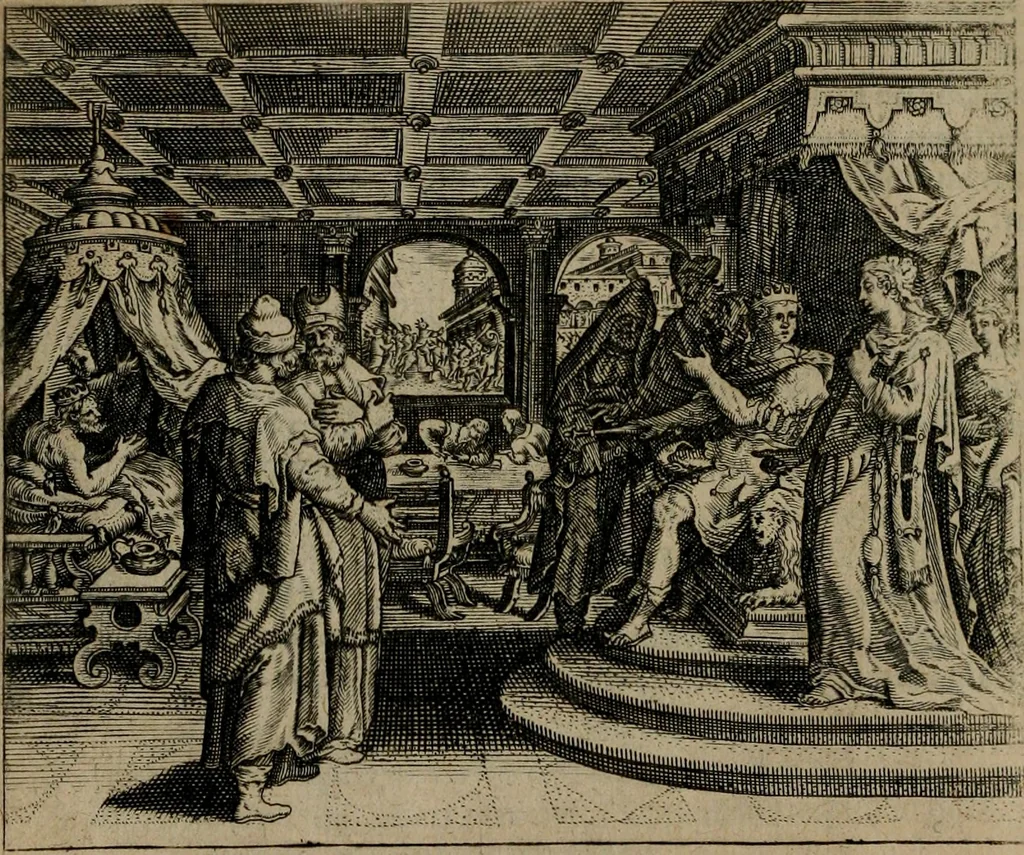 An illustration from Omnium virtutum christianarum exemplo Dauidis : pastoris, militis, ducis, exsulis ac prophetae longe praestantissimi nobis adumbratarum speculum purum ac pellucidum, omnibus & singulis piè ac Christianè vivere volentibus perutile ac necessarium : quod etiam figuris Aeneis perpulchris ac artificiosis adornatum, 1632, leaf 147