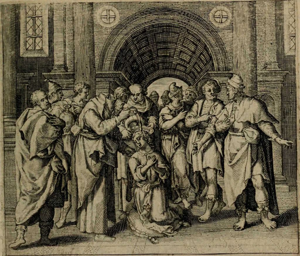 An illustration from Omnium virtutum christianarum exemplo Dauidis : pastoris, militis, ducis, exsulis ac prophetae longe praestantissimi nobis adumbratarum speculum purum ac pellucidum, omnibus & singulis piè ac Christianè vivere volentibus perutile ac necessarium : quod etiam figuris Aeneis perpulchris ac artificiosis adornatum, 1632, leaf 16