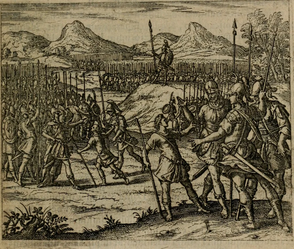 An illustration from Omnium virtutum christianarum exemplo Dauidis : pastoris, militis, ducis, exsulis ac prophetae longe praestantissimi nobis adumbratarum speculum purum ac pellucidum, omnibus & singulis piè ac Christianè vivere volentibus perutile ac necessarium : quod etiam figuris Aeneis perpulchris ac artificiosis adornatum, 1632, leaf 18