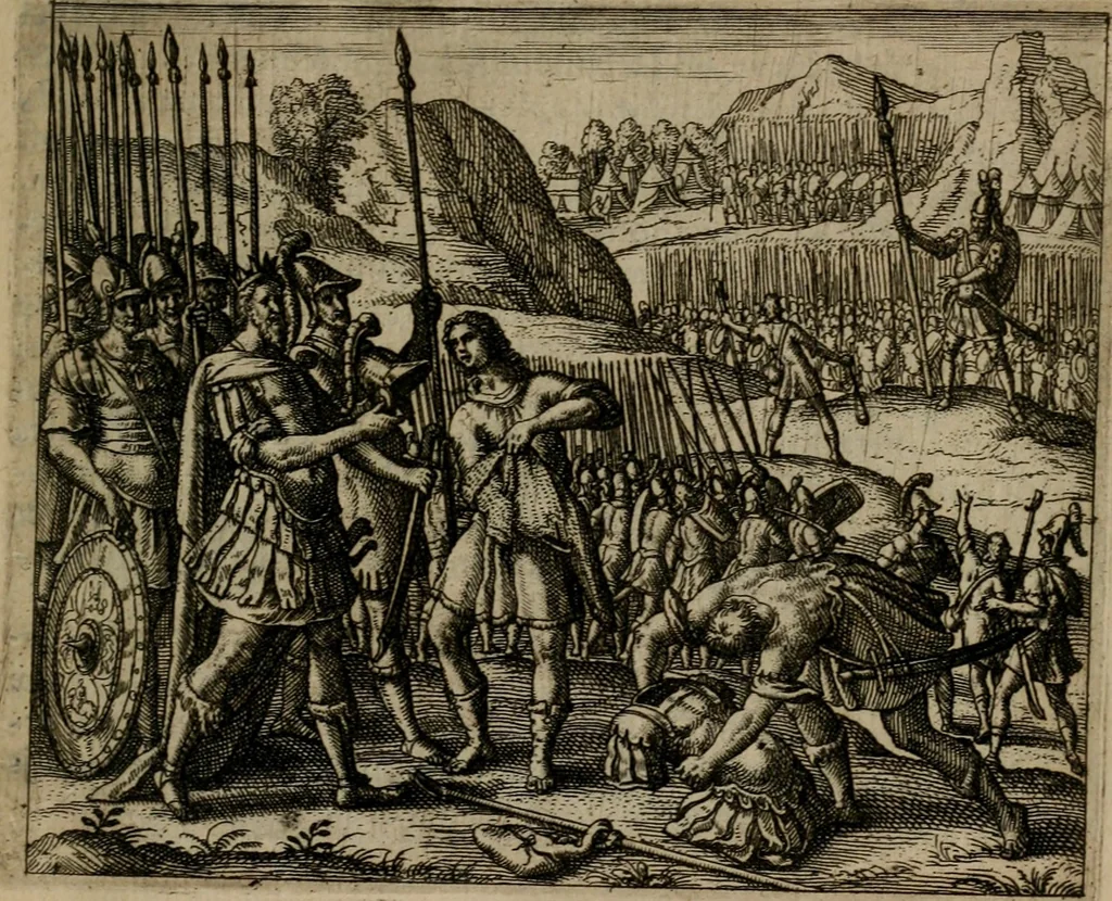An illustration from Omnium virtutum christianarum exemplo Dauidis : pastoris, militis, ducis, exsulis ac prophetae longe praestantissimi nobis adumbratarum speculum purum ac pellucidum, omnibus & singulis piè ac Christianè vivere volentibus perutile ac necessarium : quod etiam figuris Aeneis perpulchris ac artificiosis adornatum, 1632, leaf 22
