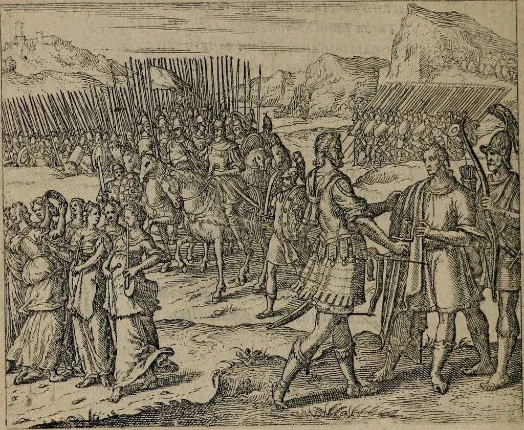 An illustration from Omnium virtutum christianarum exemplo Dauidis : pastoris, militis, ducis, exsulis ac prophetae longe praestantissimi nobis adumbratarum speculum purum ac pellucidum, omnibus & singulis piè ac Christianè vivere volentibus perutile ac necessarium : quod etiam figuris Aeneis perpulchris ac artificiosis adornatum, 1632, leaf 29