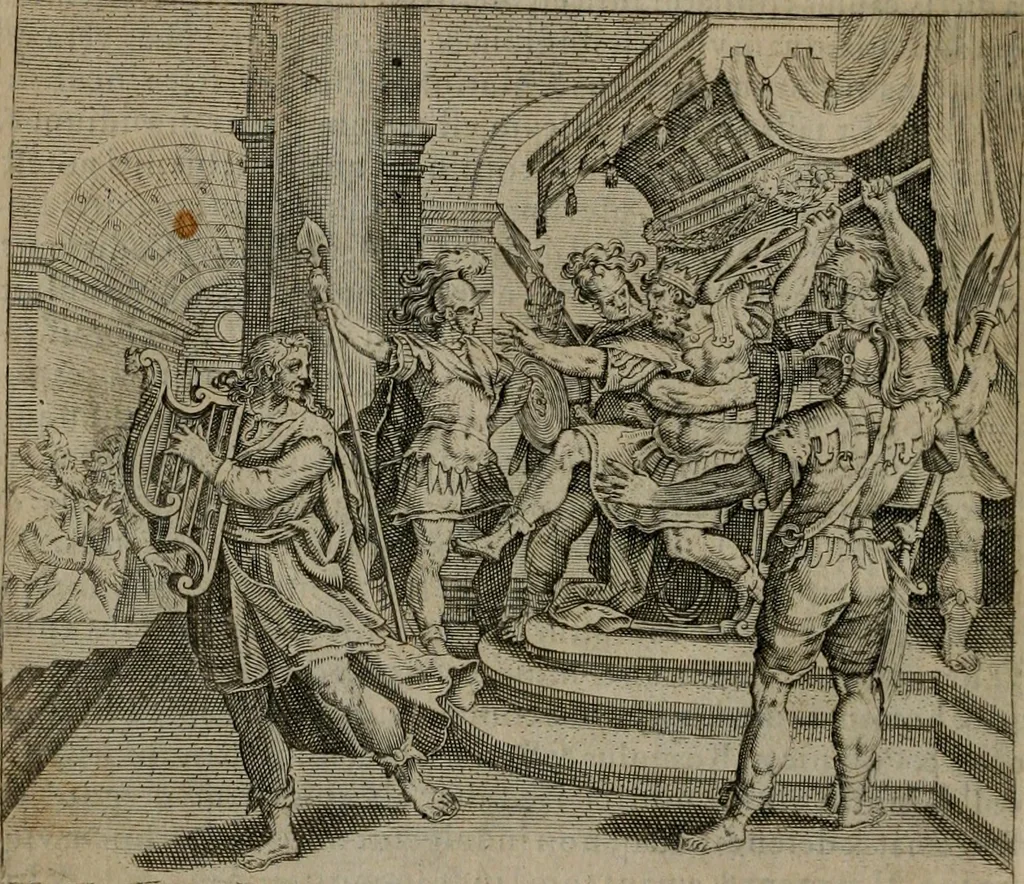 An illustration from Omnium virtutum christianarum exemplo Dauidis : pastoris, militis, ducis, exsulis ac prophetae longe praestantissimi nobis adumbratarum speculum purum ac pellucidum, omnibus & singulis piè ac Christianè vivere volentibus perutile ac necessarium : quod etiam figuris Aeneis perpulchris ac artificiosis adornatum, 1632, leaf 31