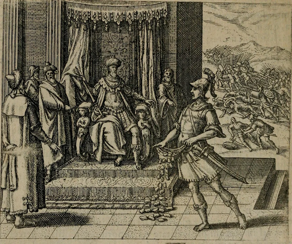 An illustration from Omnium virtutum christianarum exemplo Dauidis : pastoris, militis, ducis, exsulis ac prophetae longe praestantissimi nobis adumbratarum speculum purum ac pellucidum, omnibus & singulis piè ac Christianè vivere volentibus perutile ac necessarium : quod etiam figuris Aeneis perpulchris ac artificiosis adornatum, 1632, leaf 33