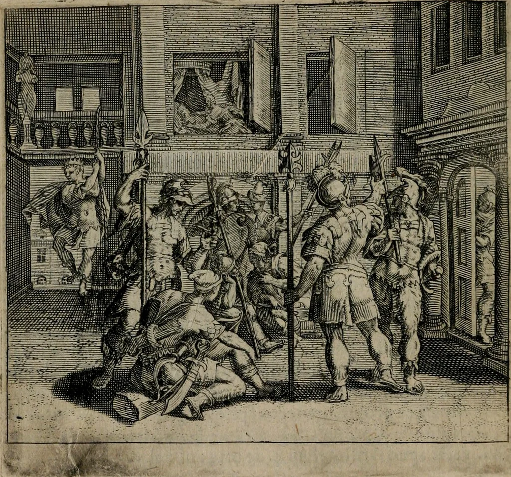 An illustration from Omnium virtutum christianarum exemplo Dauidis : pastoris, militis, ducis, exsulis ac prophetae longe praestantissimi nobis adumbratarum speculum purum ac pellucidum, omnibus & singulis piè ac Christianè vivere volentibus perutile ac necessarium : quod etiam figuris Aeneis perpulchris ac artificiosis adornatum, 1632, leaf 37