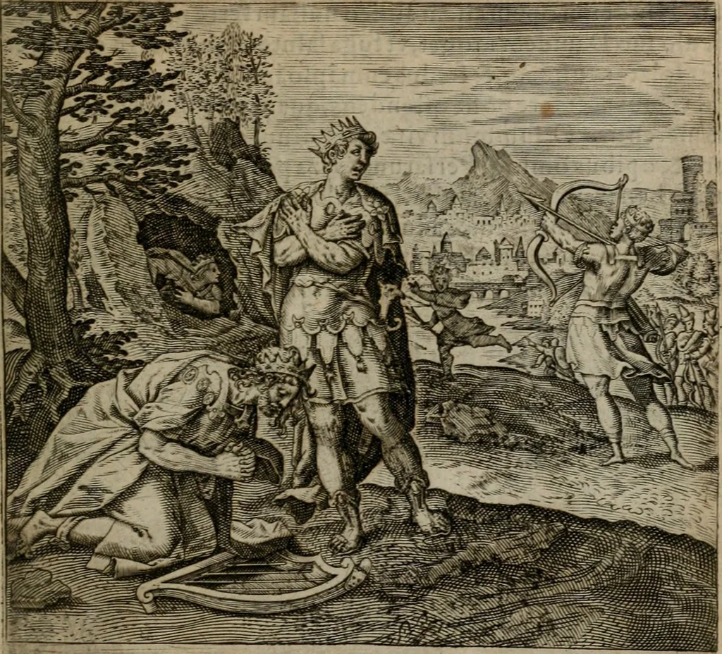 An illustration from Omnium virtutum christianarum exemplo Dauidis : pastoris, militis, ducis, exsulis ac prophetae longe praestantissimi nobis adumbratarum speculum purum ac pellucidum, omnibus & singulis piè ac Christianè vivere volentibus perutile ac necessarium : quod etiam figuris Aeneis perpulchris ac artificiosis adornatum, 1632, leaf 40