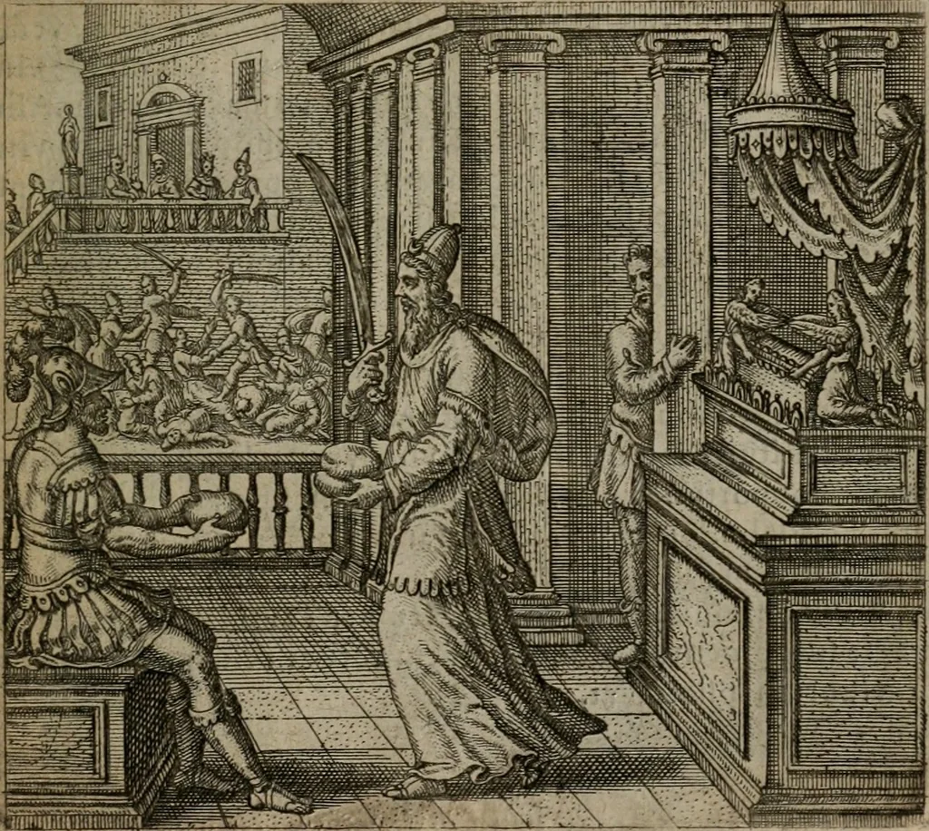 An illustration from Omnium virtutum christianarum exemplo Dauidis : pastoris, militis, ducis, exsulis ac prophetae longe praestantissimi nobis adumbratarum speculum purum ac pellucidum, omnibus & singulis piè ac Christianè vivere volentibus perutile ac necessarium : quod etiam figuris Aeneis perpulchris ac artificiosis adornatum, 1632, leaf 42