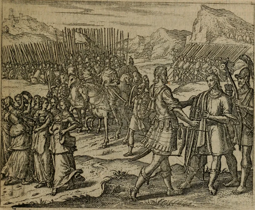 An illustration from Omnium virtutum christianarum exemplo Dauidis : pastoris, militis, ducis, exsulis ac prophetae longe praestantissimi nobis adumbratarum speculum purum ac pellucidum, omnibus & singulis piè ac Christianè vivere volentibus perutile ac necessarium : quod etiam figuris Aeneis perpulchris ac artificiosis adornatum, 1632, leaf 52