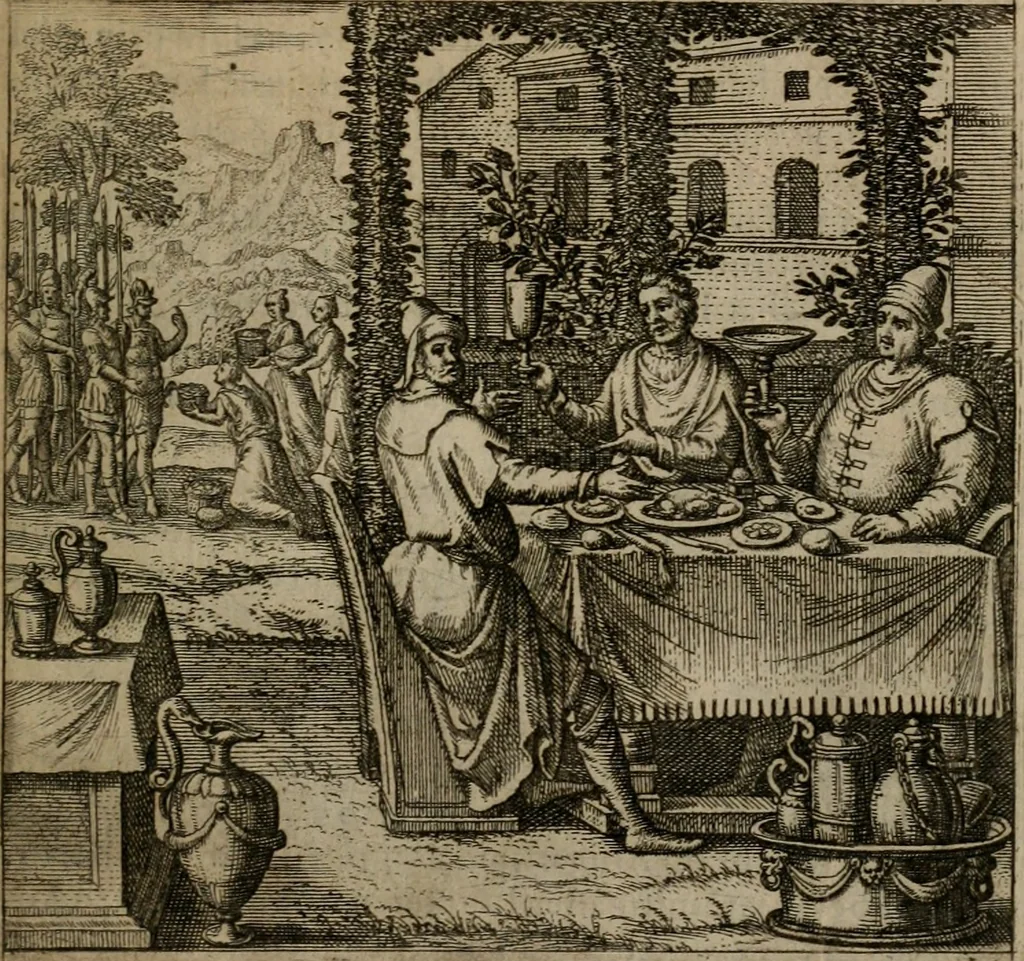 An illustration from Omnium virtutum christianarum exemplo Dauidis : pastoris, militis, ducis, exsulis ac prophetae longe praestantissimi nobis adumbratarum speculum purum ac pellucidum, omnibus & singulis piè ac Christianè vivere volentibus perutile ac necessarium : quod etiam figuris Aeneis perpulchris ac artificiosis adornatum, 1632, leaf 58