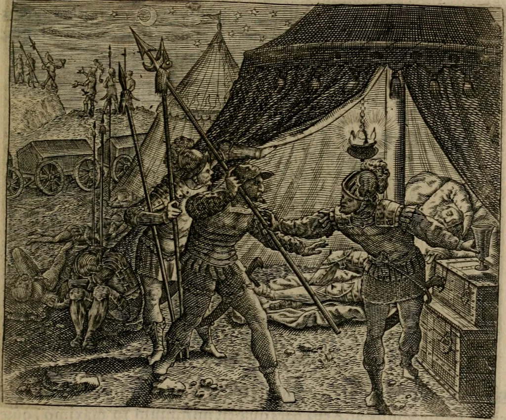 An illustration from Omnium virtutum christianarum exemplo Dauidis : pastoris, militis, ducis, exsulis ac prophetae longe praestantissimi nobis adumbratarum speculum purum ac pellucidum, omnibus & singulis piè ac Christianè vivere volentibus perutile ac necessarium : quod etiam figuris Aeneis perpulchris ac artificiosis adornatum, 1632, leaf 62