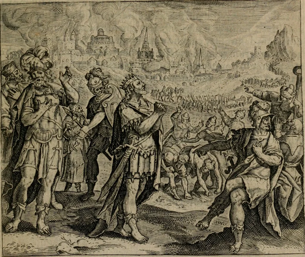 An illustration from Omnium virtutum christianarum exemplo Dauidis : pastoris, militis, ducis, exsulis ac prophetae longe praestantissimi nobis adumbratarum speculum purum ac pellucidum, omnibus & singulis piè ac Christianè vivere volentibus perutile ac necessarium : quod etiam figuris Aeneis perpulchris ac artificiosis adornatum, 1632, leaf 66