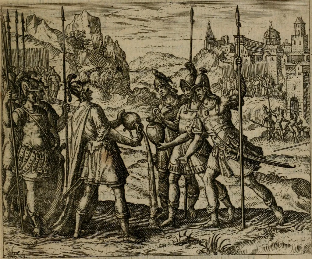 An illustration from Omnium virtutum christianarum exemplo Dauidis : pastoris, militis, ducis, exsulis ac prophetae longe praestantissimi nobis adumbratarum speculum purum ac pellucidum, omnibus & singulis piè ac Christianè vivere volentibus perutile ac necessarium : quod etiam figuris Aeneis perpulchris ac artificiosis adornatum, 1632, leaf 70