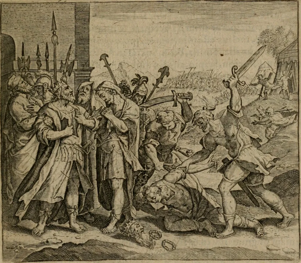 An illustration from Omnium virtutum christianarum exemplo Dauidis : pastoris, militis, ducis, exsulis ac prophetae longe praestantissimi nobis adumbratarum speculum purum ac pellucidum, omnibus & singulis piè ac Christianè vivere volentibus perutile ac necessarium : quod etiam figuris Aeneis perpulchris ac artificiosis adornatum, 1632, leaf 74