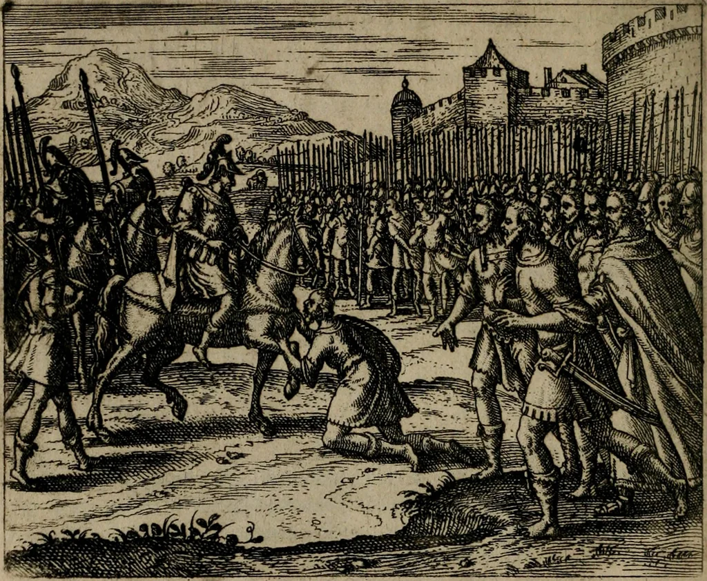An illustration from Omnium virtutum christianarum exemplo Dauidis : pastoris, militis, ducis, exsulis ac prophetae longe praestantissimi nobis adumbratarum speculum purum ac pellucidum, omnibus & singulis piè ac Christianè vivere volentibus perutile ac necessarium : quod etiam figuris Aeneis perpulchris ac artificiosis adornatum, 1632, leaf 77