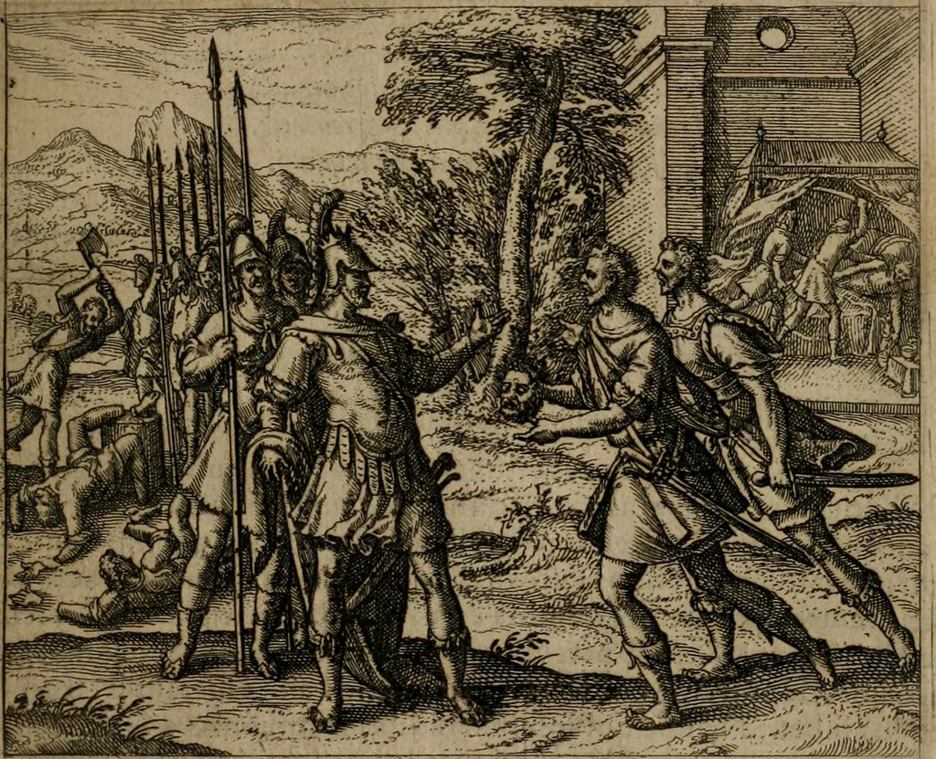 An illustration from Omnium virtutum christianarum exemplo Dauidis : pastoris, militis, ducis, exsulis ac prophetae longe praestantissimi nobis adumbratarum speculum purum ac pellucidum, omnibus & singulis piè ac Christianè vivere volentibus perutile ac necessarium : quod etiam figuris Aeneis perpulchris ac artificiosis adornatum, 1632, leaf 84
