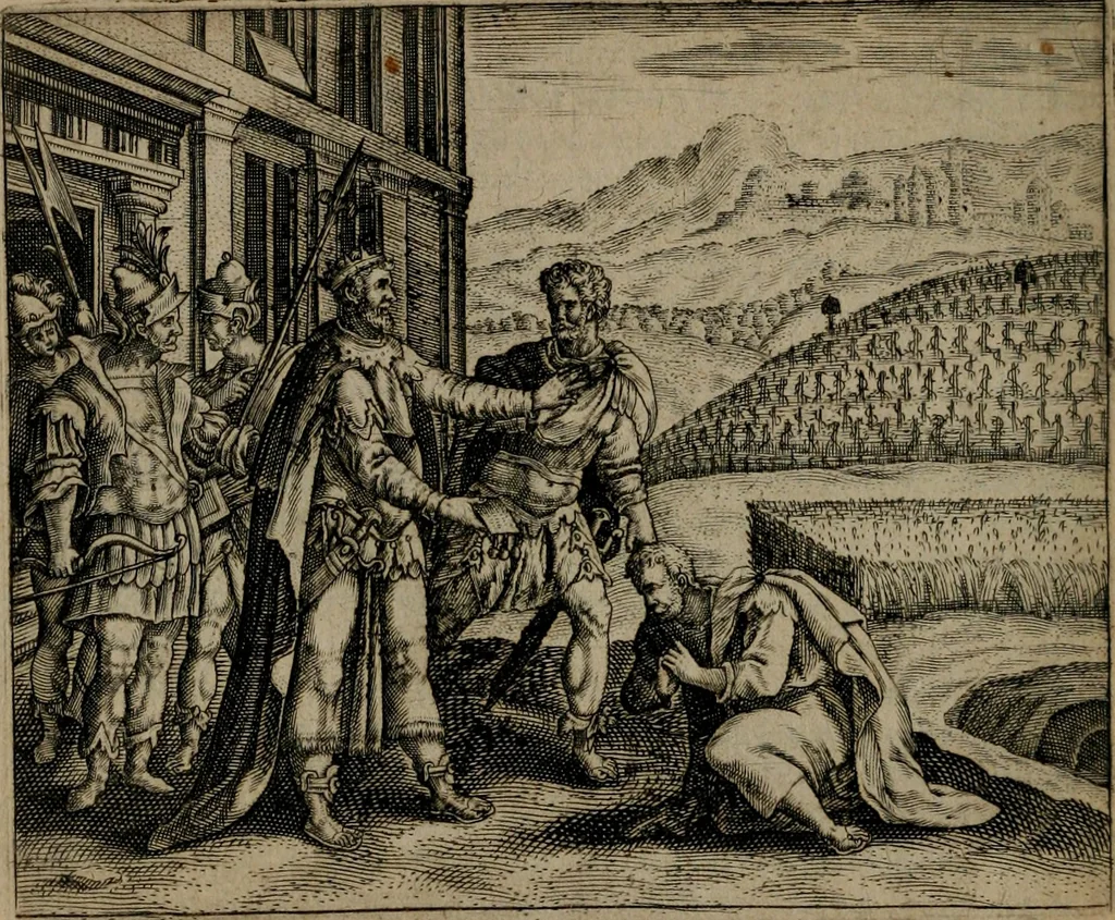 An illustration from Omnium virtutum christianarum exemplo Dauidis : pastoris, militis, ducis, exsulis ac prophetae longe praestantissimi nobis adumbratarum speculum purum ac pellucidum, omnibus & singulis piè ac Christianè vivere volentibus perutile ac necessarium : quod etiam figuris Aeneis perpulchris ac artificiosis adornatum, 1632, leaf 91