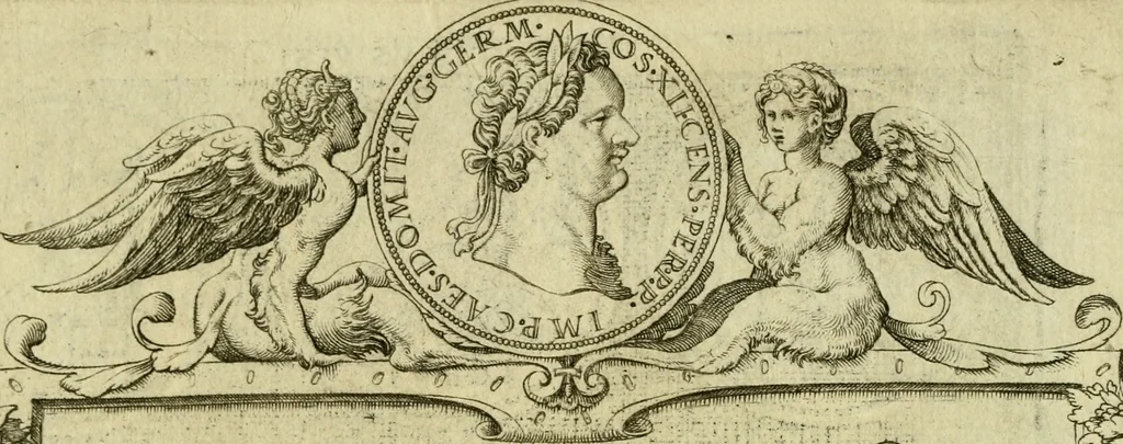 An illustration from Omnivm Caesarvm verissimae imagines ex antiqvis nvmismatis desvmptae : addita per brevi civvsqve vitae descriptiones ac diligenti eorvm qvae reperiri potvervnt nvmismatvm aversae partis delineatione ..., 1554, leaf 103