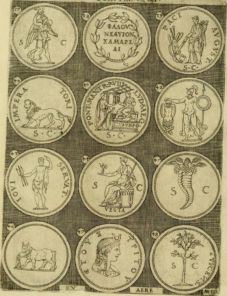An illustration from Omnivm Caesarvm verissimae imagines ex antiqvis nvmismatis desvmptae : addita per brevi civvsqve vitae descriptiones ac diligenti eorvm qvae reperiri potvervnt nvmismatvm aversae partis delineatione ..., 1554, leaf 109