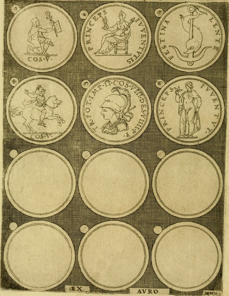 An illustration from Omnivm Caesarvm verissimae imagines ex antiqvis nvmismatis desvmptae : addita per brevi civvsqve vitae descriptiones ac diligenti eorvm qvae reperiri potvervnt nvmismatvm aversae partis delineatione ..., 1554, leaf 112