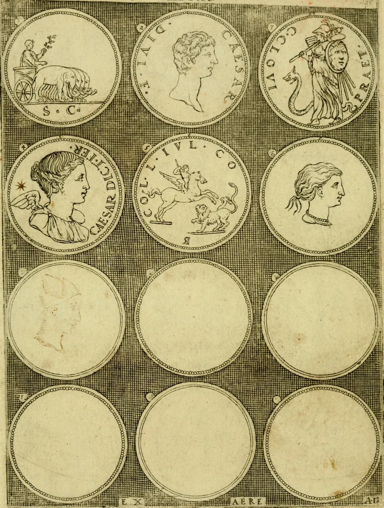An illustration from Omnivm Caesarvm verissimae imagines ex antiqvis nvmismatis desvmptae : addita per brevi civvsqve vitae descriptiones ac diligenti eorvm qvae reperiri potvervnt nvmismatvm aversae partis delineatione ..., 1554, leaf 12