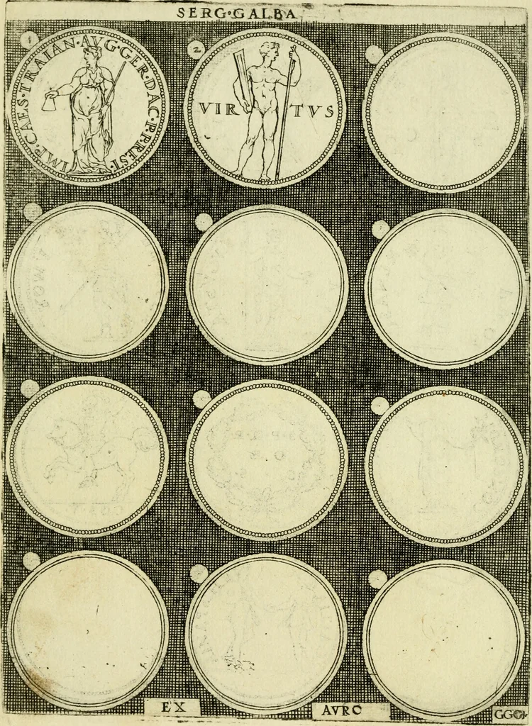An illustration from Omnivm Caesarvm verissimae imagines ex antiqvis nvmismatis desvmptae : addita per brevi civvsqve vitae descriptiones ac diligenti eorvm qvae reperiri potvervnt nvmismatvm aversae partis delineatione ..., 1554, leaf 121