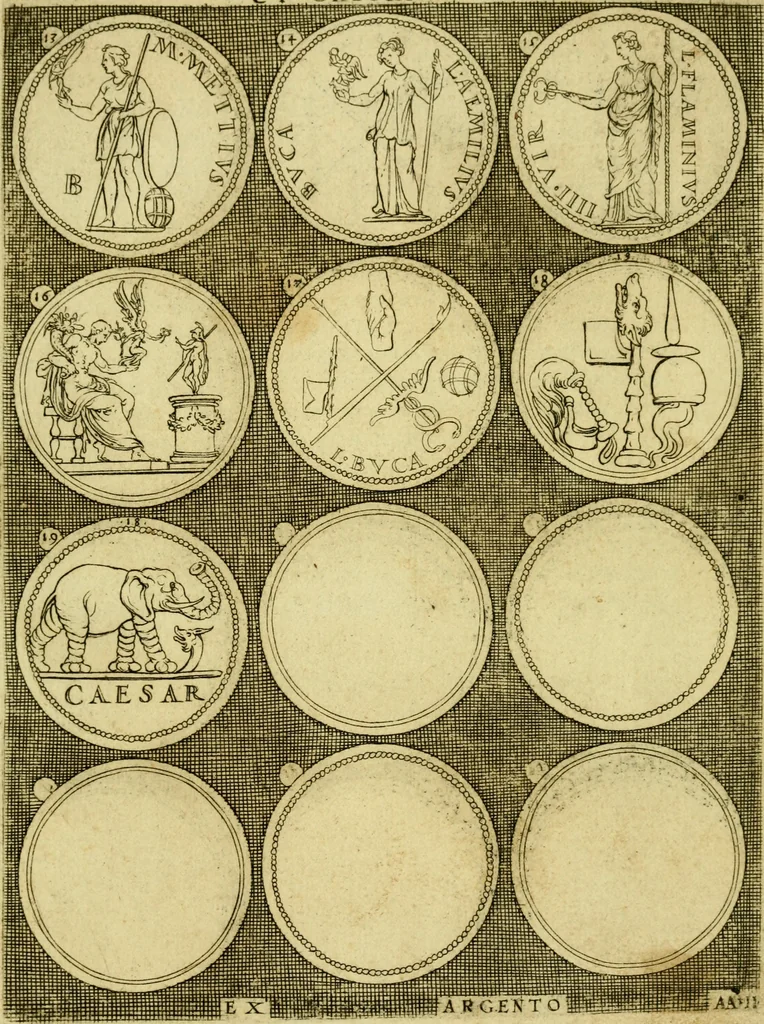 An illustration from Omnivm Caesarvm verissimae imagines ex antiqvis nvmismatis desvmptae : addita per brevi civvsqve vitae descriptiones ac diligenti eorvm qvae reperiri potvervnt nvmismatvm aversae partis delineatione ..., 1554, leaf 14